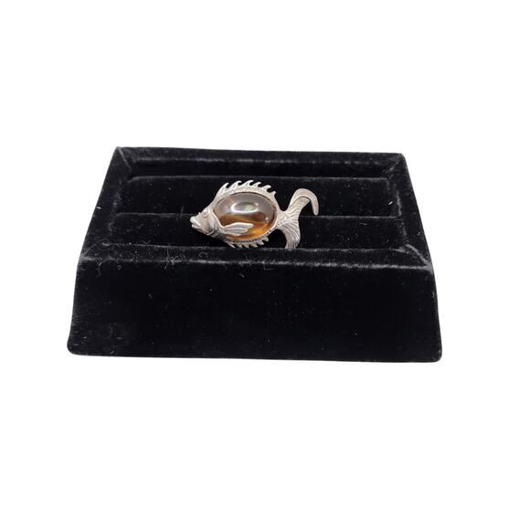Sterling Silver Baltic Amber Fish Brooch Pin Vintage - Picture 2 of 4
